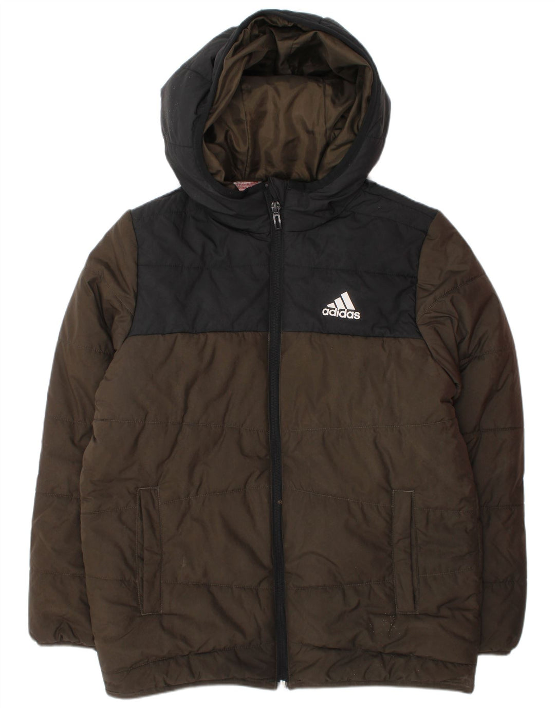 Jaqueta acolchoada com capuz Adidas Boys 9-10 anos cáqui colorblock poliéster