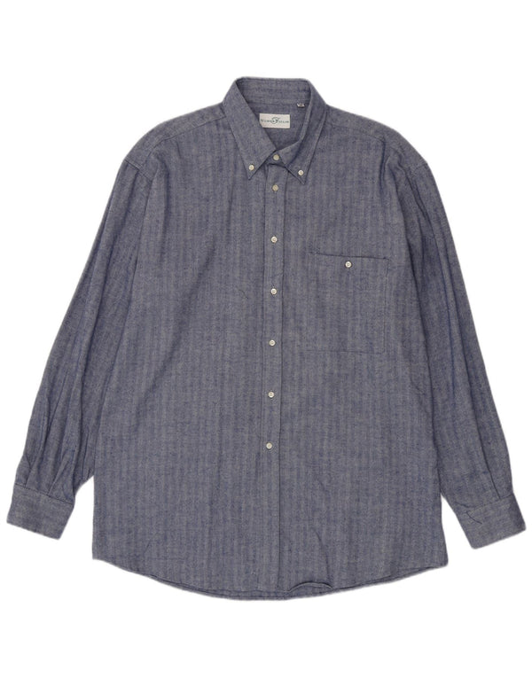 Camisa masculina vintage tamanho 45 18 2XL algodão espinha de peixe azul marinho