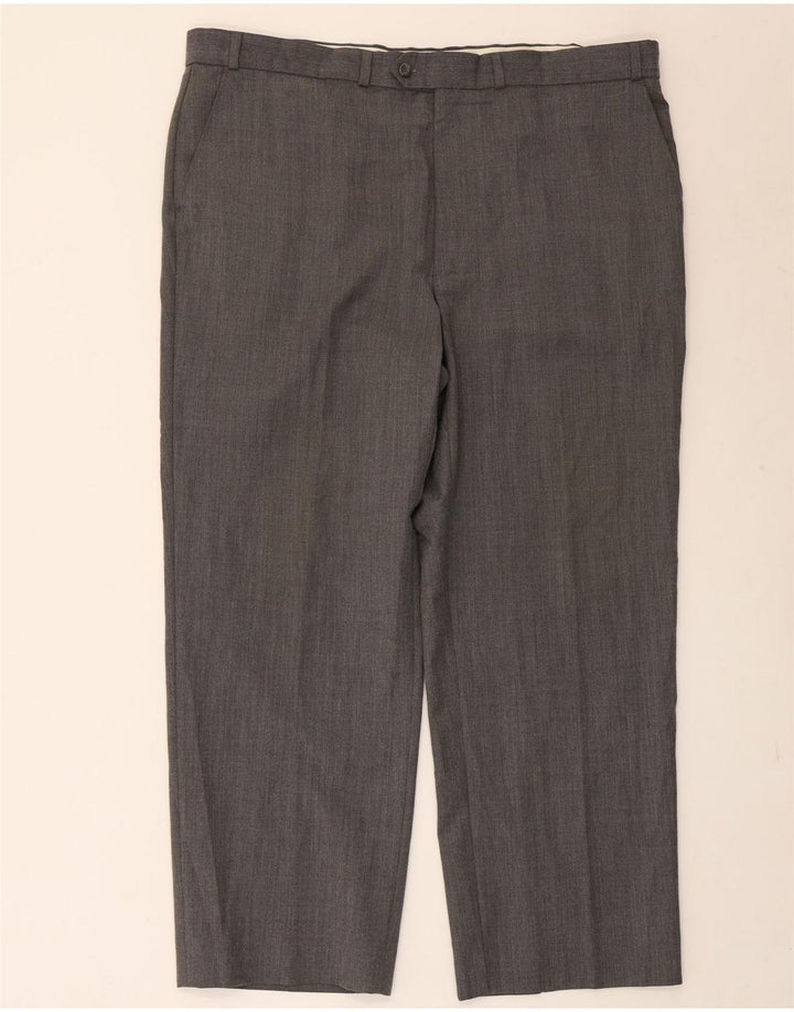 Calça masculina de terno reto Marks & Spencer W42 L29 poliéster listrado cinza