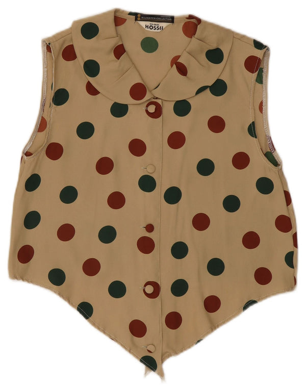 Blusa feminina vintage sem mangas, camisa curta UK 10 médio cáqui manchado