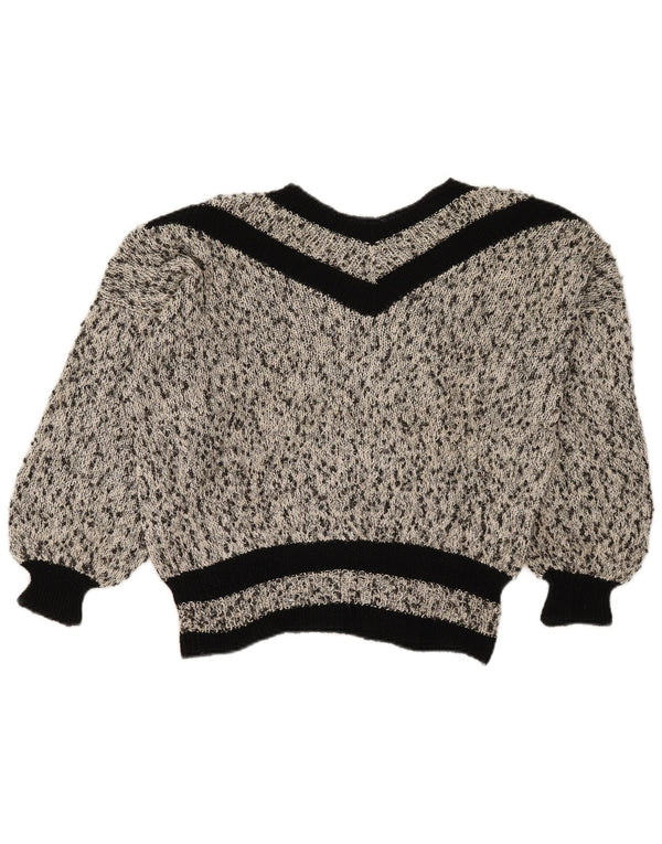 Suéter feminino vintage com decote em V UK 18 XL cinza manchado
