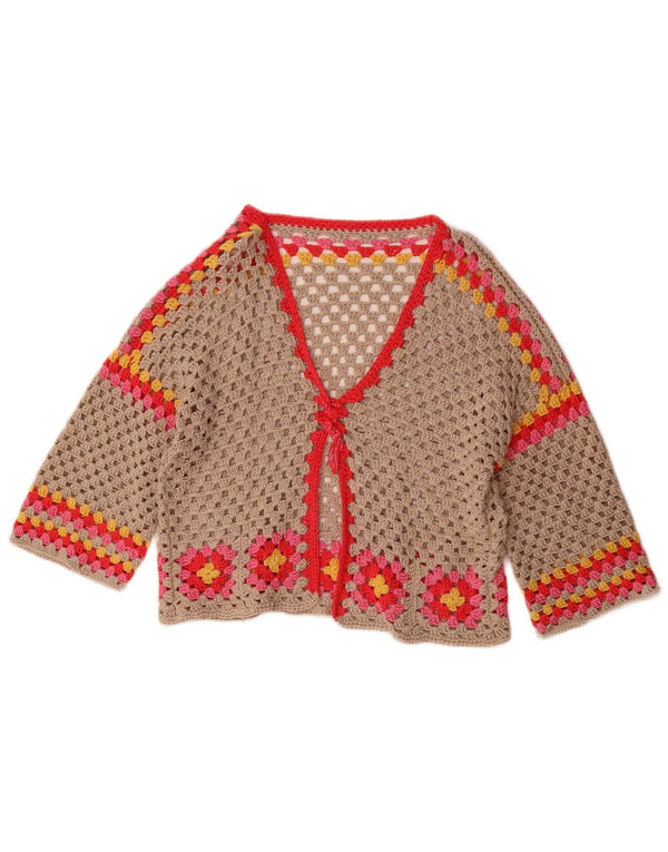 Suéter cardigã de crochê feminino vintage manga 3/4 Reino Unido 16 grande cinza floral