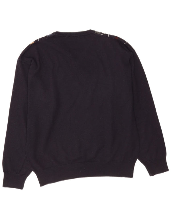 Suéter masculino vintage com decote em V médio azul marinho Argyle/lã diamante