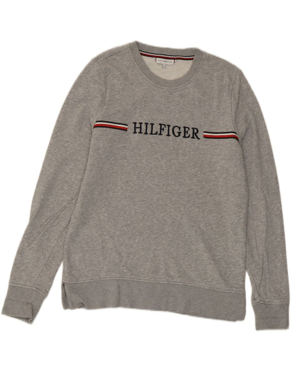 Tommy Hilfiger moletom gráfico feminino jumper UK 10 pequeno cinza manchado