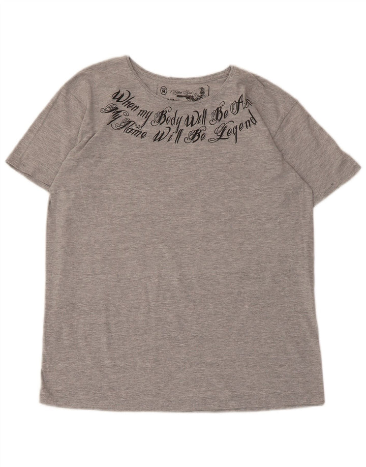 Camiseta feminina vintage com estampa gráfica UK 14 poliéster manchado cinza médio