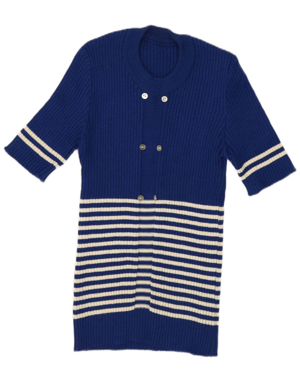 Suéter feminino vintage com gola redonda UK 12 listrado azul médio