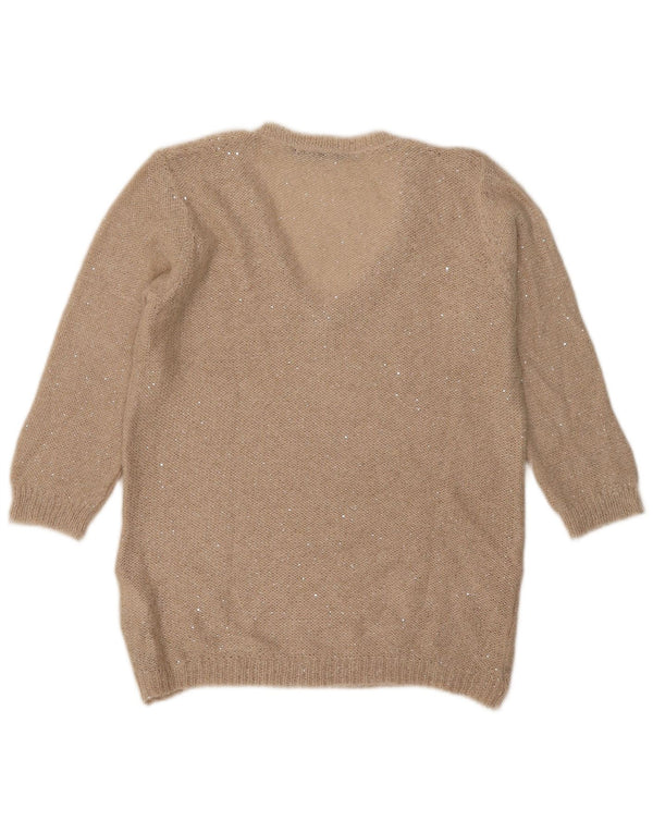 Zara Suéter feminino manga 3/4 com decote em V Reino Unido 16 grande poliéster bege