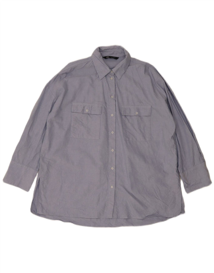 Zara Camisa Longline Feminina Oversized Reino Unido 14 Algodão Azul Médio