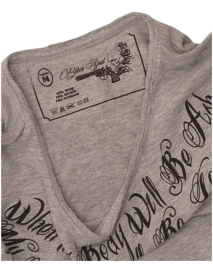 Camiseta feminina vintage com estampa gráfica UK 14 poliéster manchado cinza médio