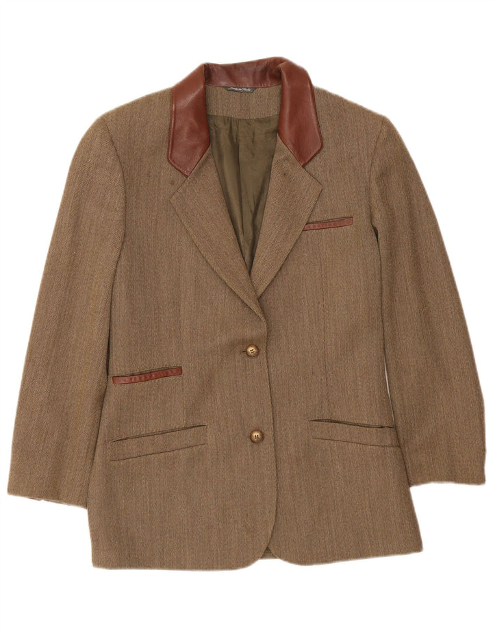 Jaqueta blazer feminina vintage com 2 botões Reino Unido 14 espinha de peixe cáqui médio