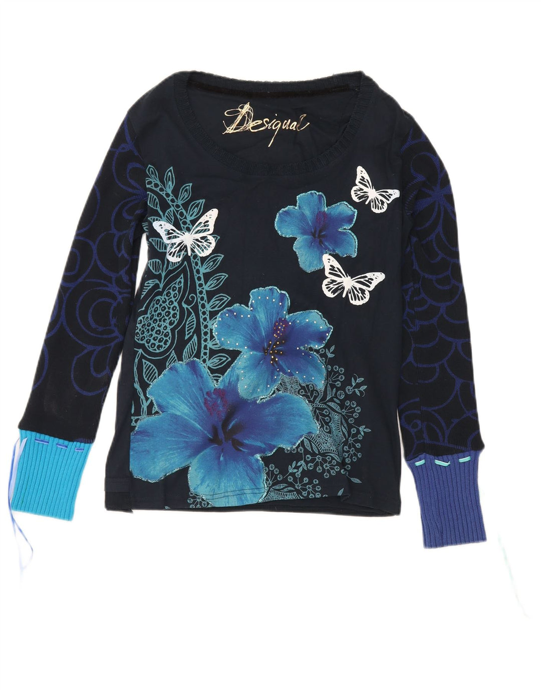 Top gráfico feminino Desigual manga comprida UK 12 médio azul marinho borboleta