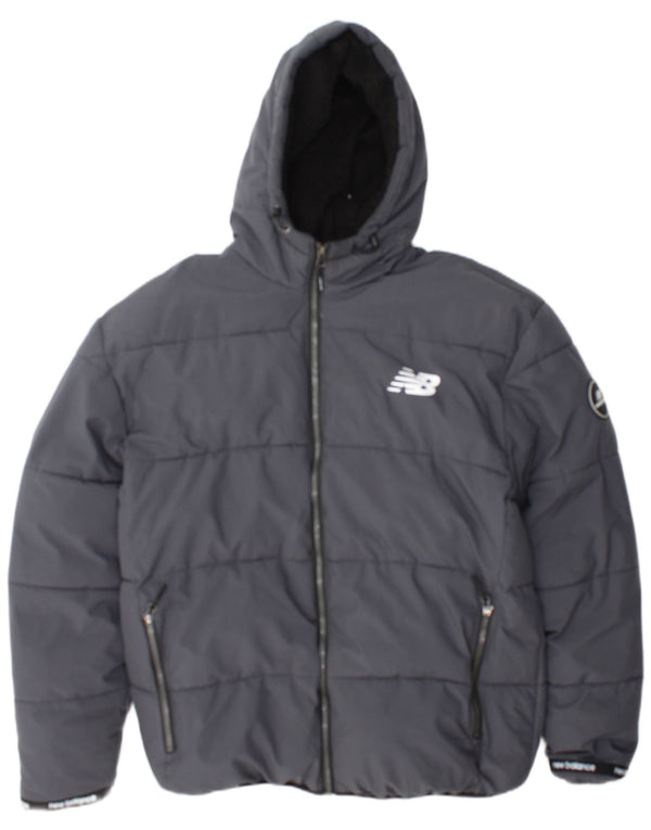 Jaqueta masculina New Balance com capuz Sherpa acolchoada UK 40 poliéster cinza grande