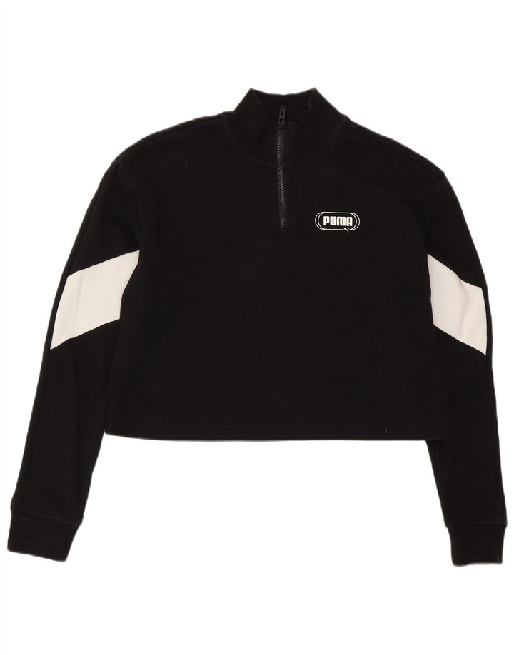 PUMA moletom feminino oversized crop jumper UK 6 XS preto colorblock