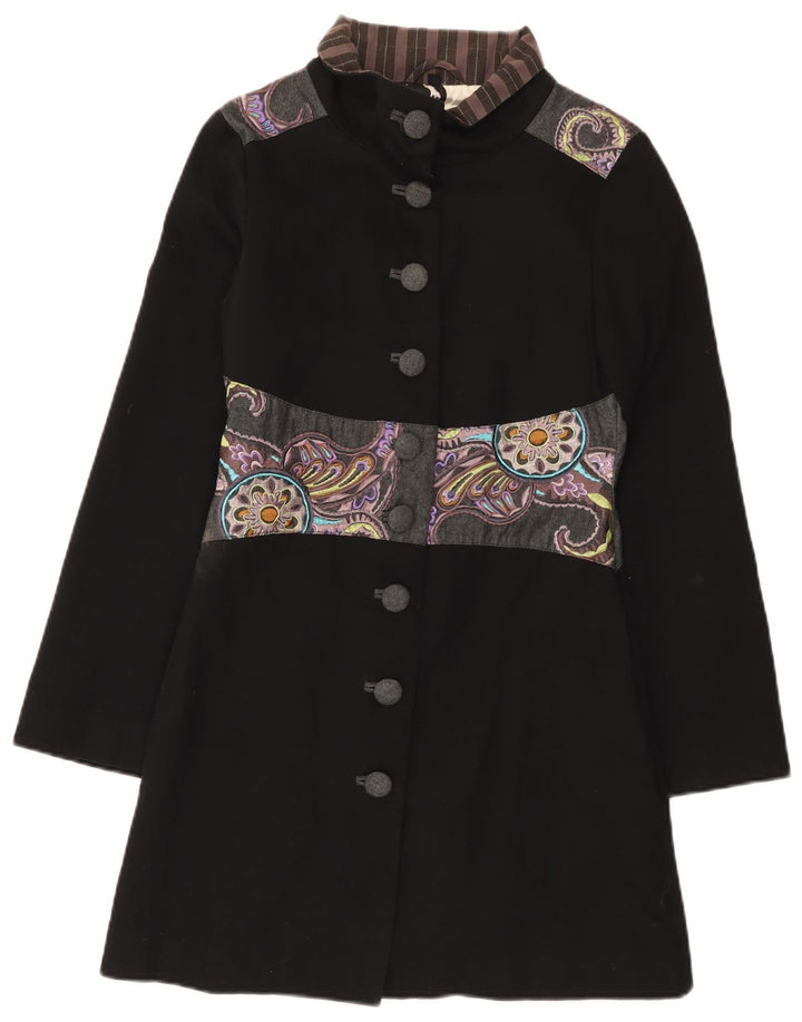 Sobretudo gráfico feminino vintage Reino Unido 10 pequeno patchwork preto de algodão