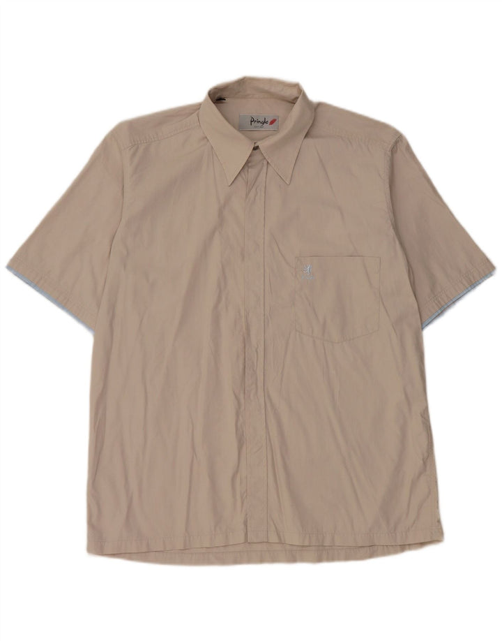 Camisa masculina Pringle de manga curta tamanho 15,5 algodão cinza médio