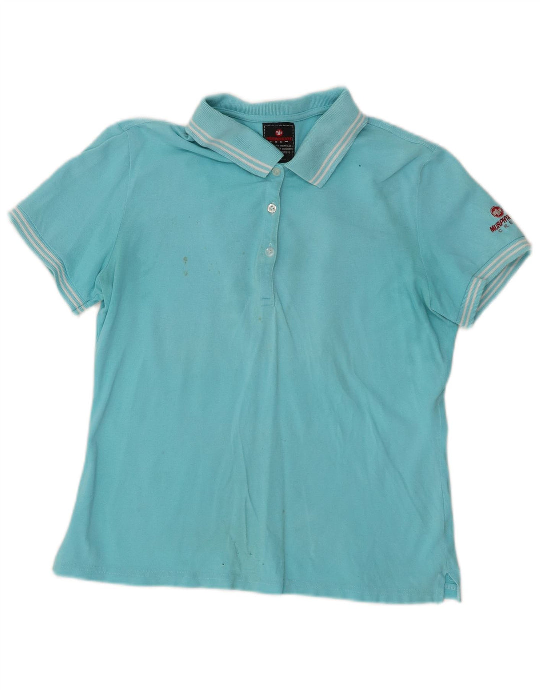Camisa polo feminina Murphy & Nye Reino Unido 12 algodão listrado azul médio