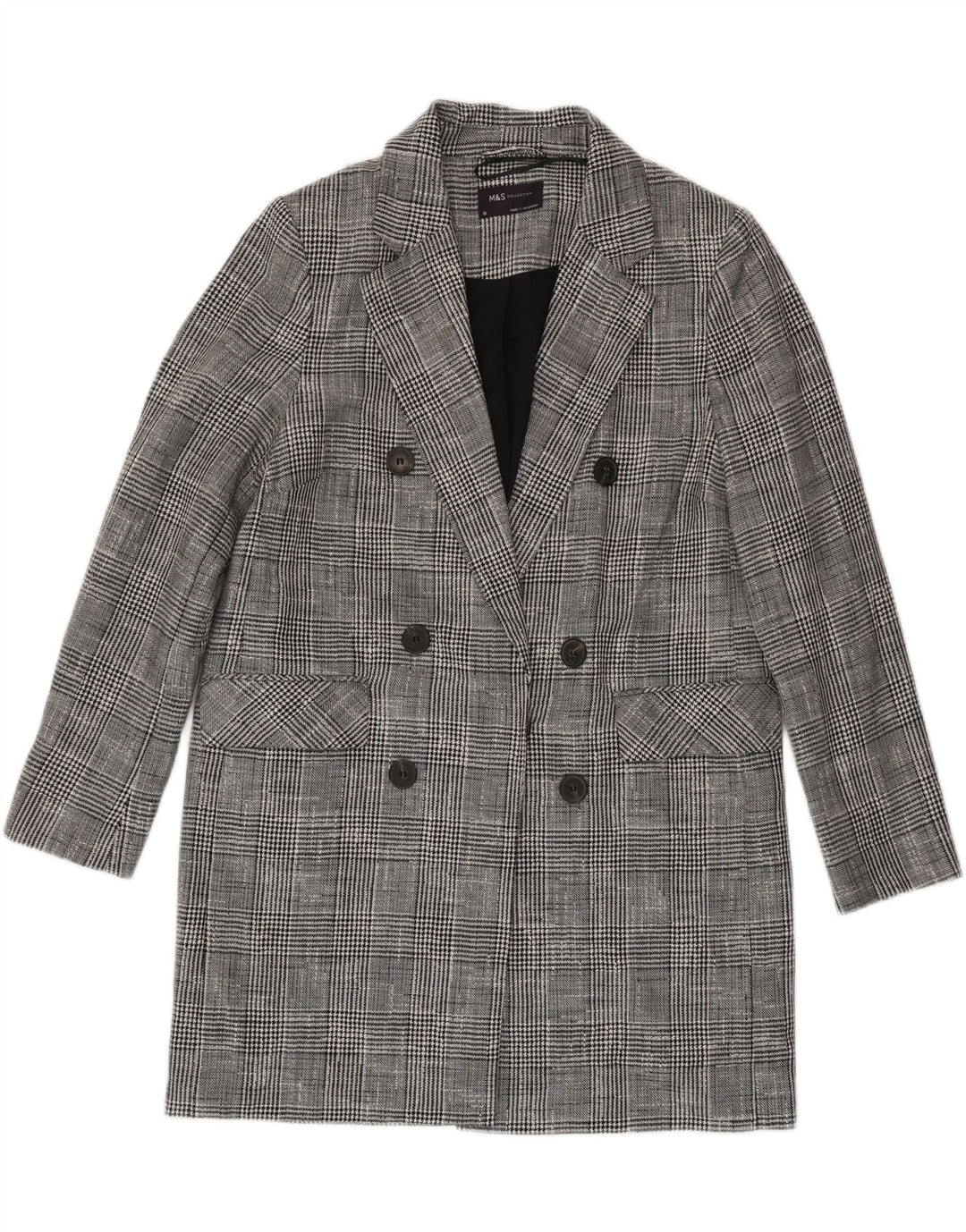 Casaco feminino Marks & Spencer com peito duplo Reino Unido 10 pequeno xadrez cinza