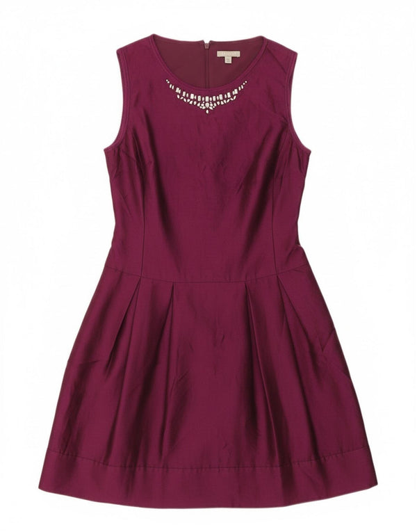 Vestido feminino Jigsaw sem mangas evasê UK 8 pequeno algodão roxo
