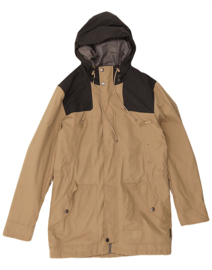 Jaqueta parka masculina com capuz Jack Wolfskin Reino Unido 36/38 bloco colorido bege médio