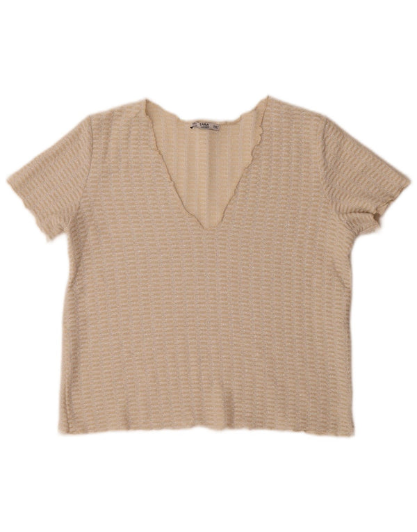 Blusa feminina Zara Crop Knit Top Reino Unido 14 Médio Bege Salpicado