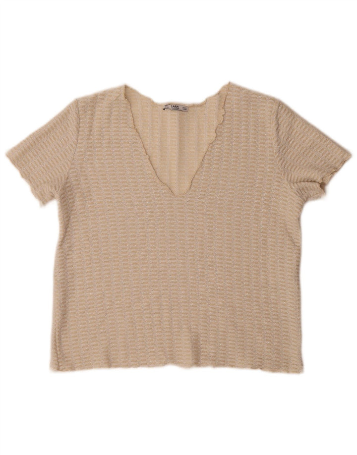 Blusa feminina Zara Crop Knit Top Reino Unido 14 Médio Bege Salpicado