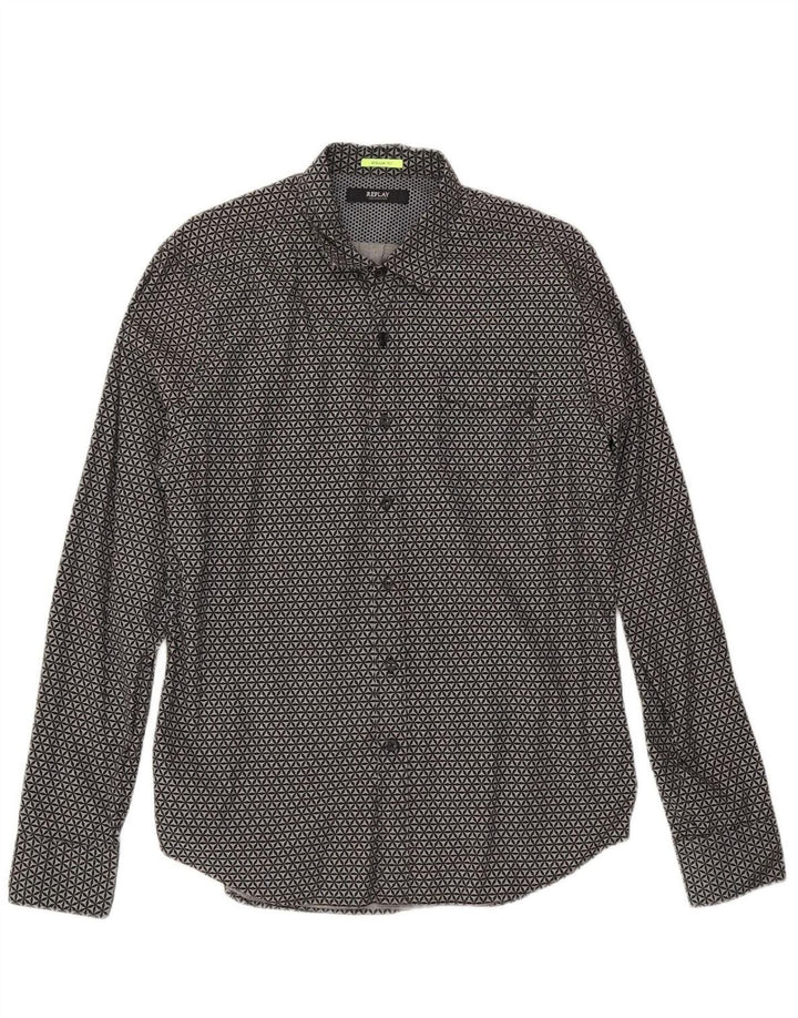 Camisa masculina REPLAY de ajuste regular grande algodão geométrico cinza