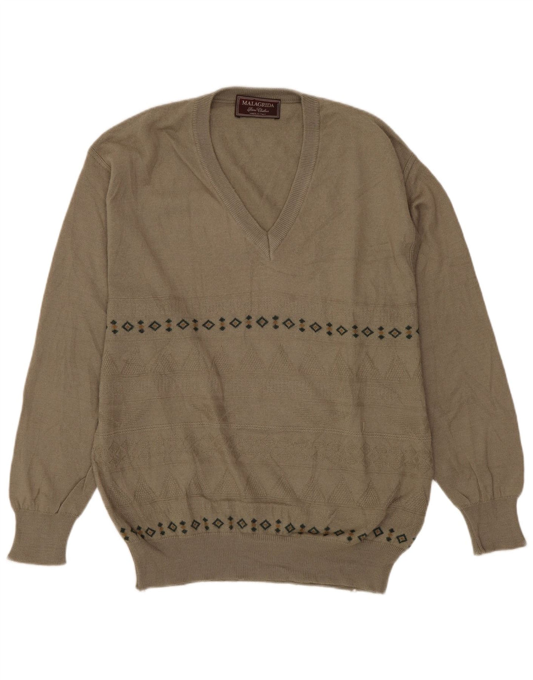 Suéter masculino MALAGRIDA com decote em V de lã geométrica cinza médio