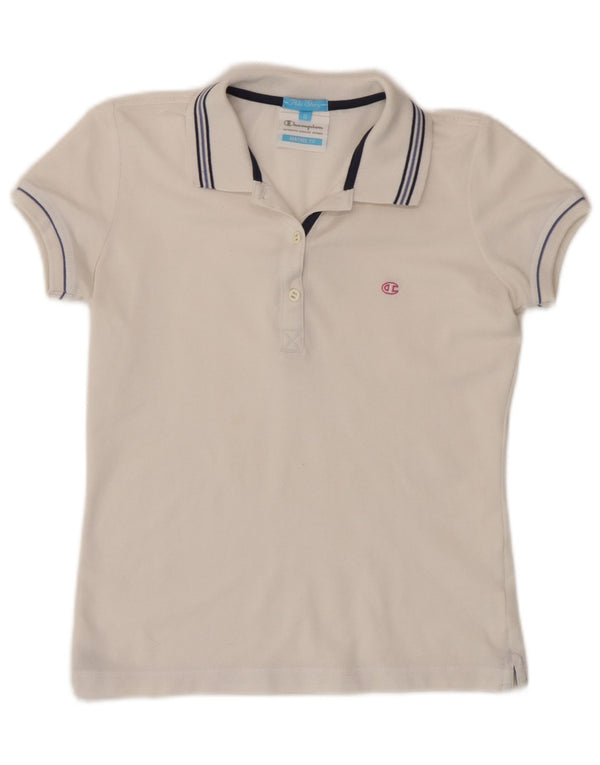 Camisa polo feminina Champion Heritage Fit UK 10 pequena listrada branca
