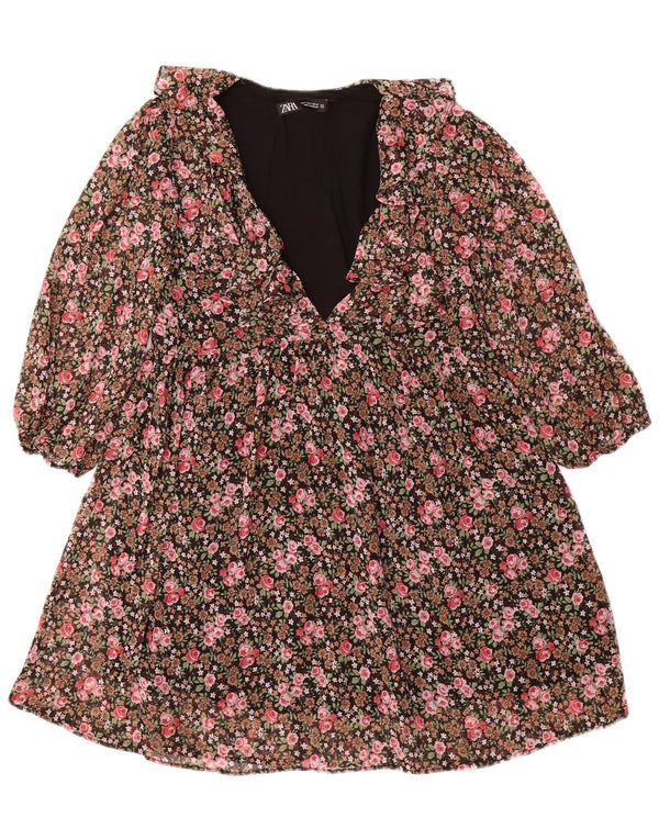 Vestido feminino Zara manga 3/4 linha A UK 10 pequeno floral multicolorido