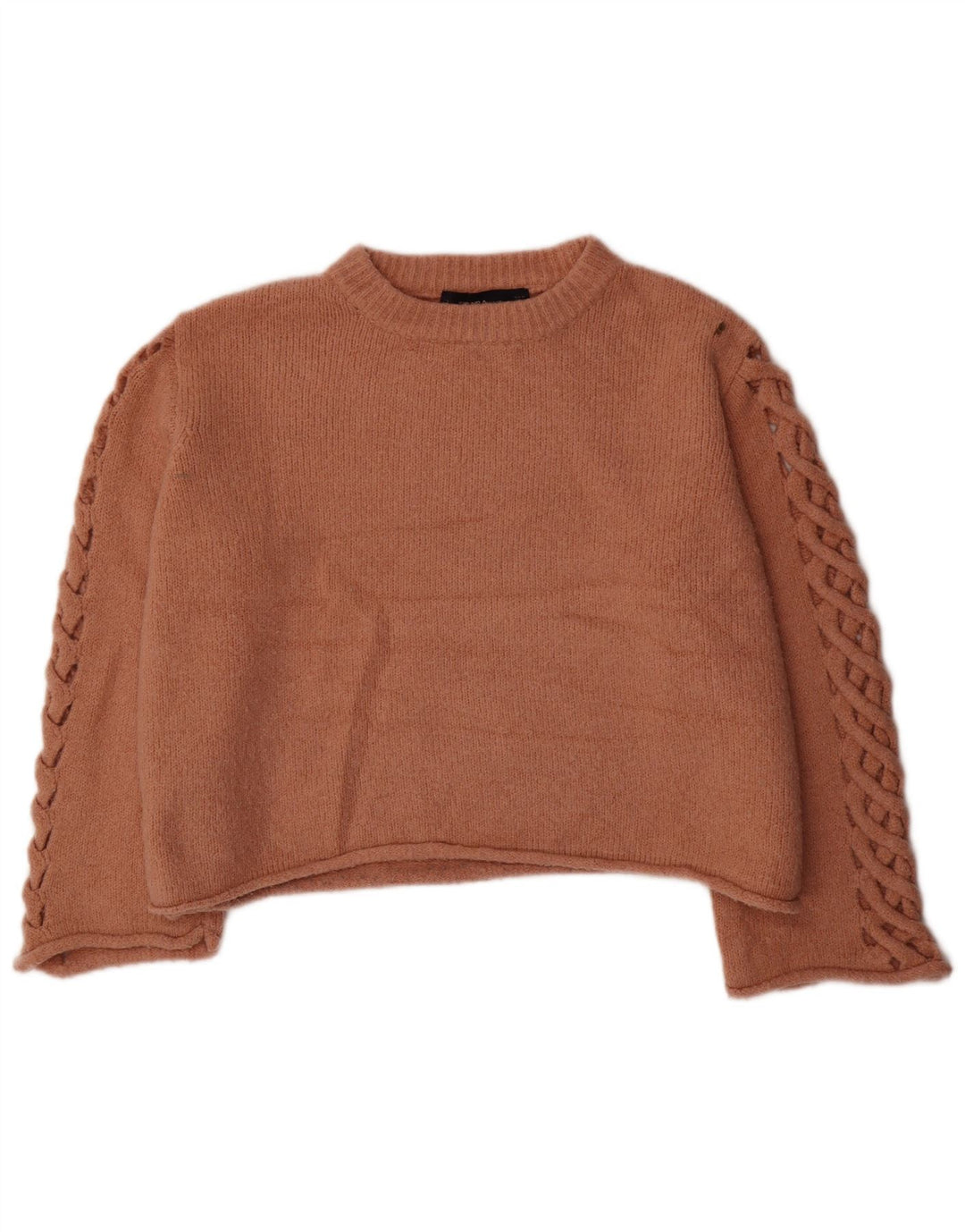 Zara Suéter feminino cropped superdimensionado com gola redonda Reino Unido 14 marrom médio