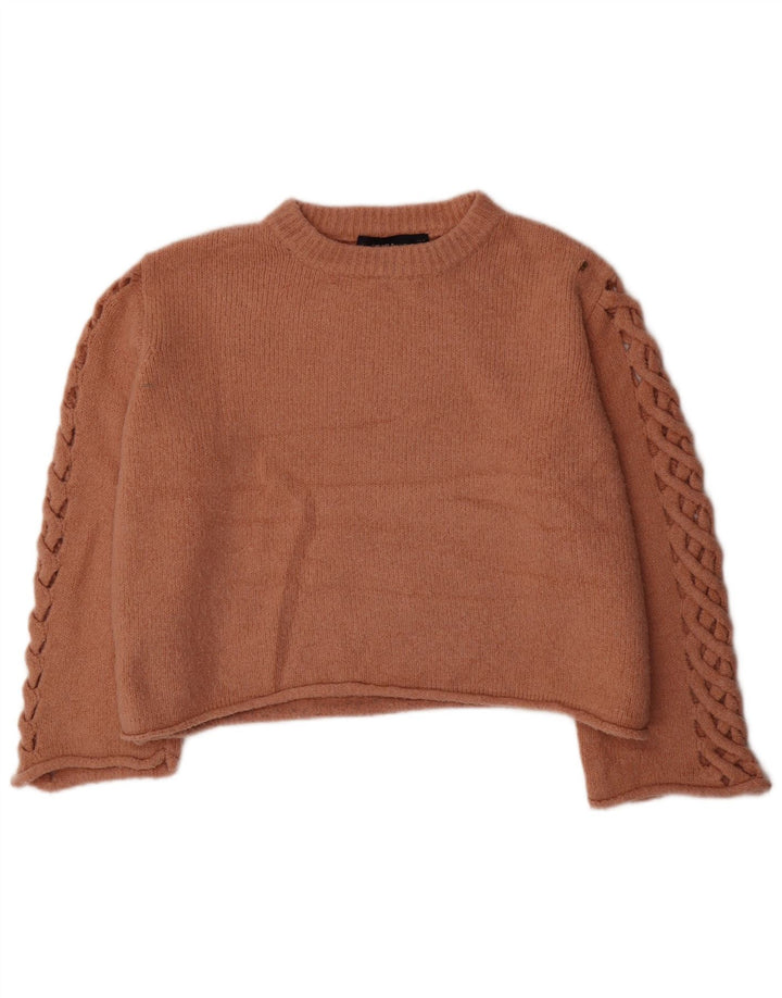 Zara Suéter feminino cropped superdimensionado com gola redonda Reino Unido 14 marrom médio