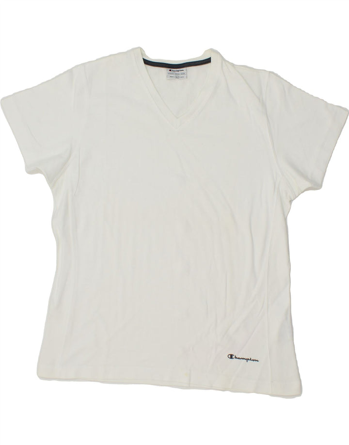 CHAMPION Womens T-Shirt Top UK 14 Large Off White Cotton Vintage Champion and Second-Hand Champion from Messina Hembry 