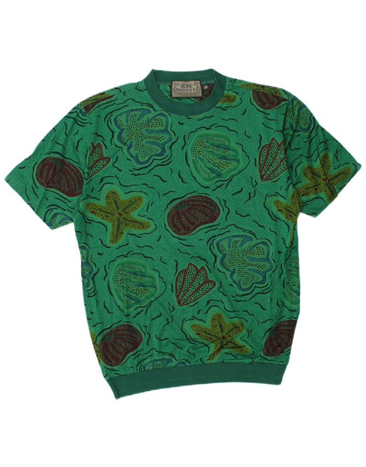 Camiseta masculina VINTAGE com padrão abstrato de algodão verde pequeno
