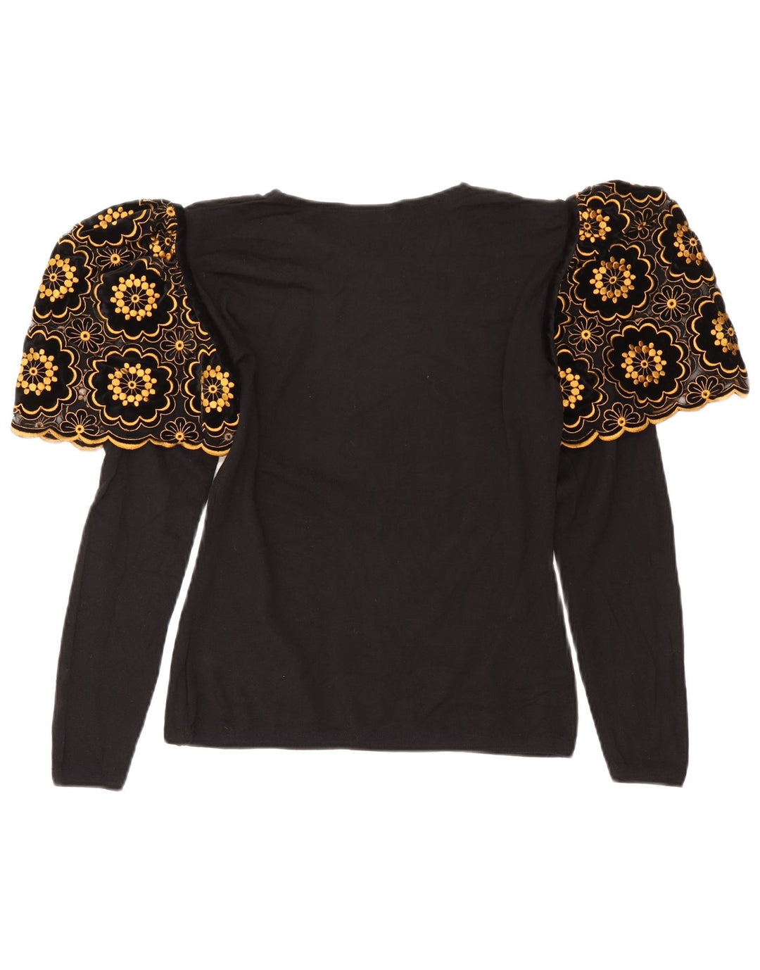 Blusa feminina vintage de manga comprida UK 12 médio preto floral