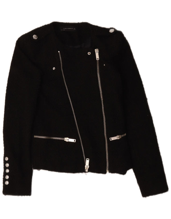 Zara Jaqueta Blazer Feminina Militar Com Zíper Completo Reino Unido 10 Pequeno Acrílico Preto