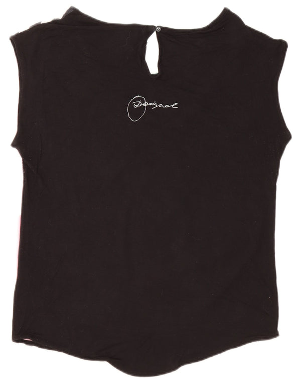 Desigual Camiseta Feminina Oversized Gráfica Top UK 10 Pequena Viscose Preta