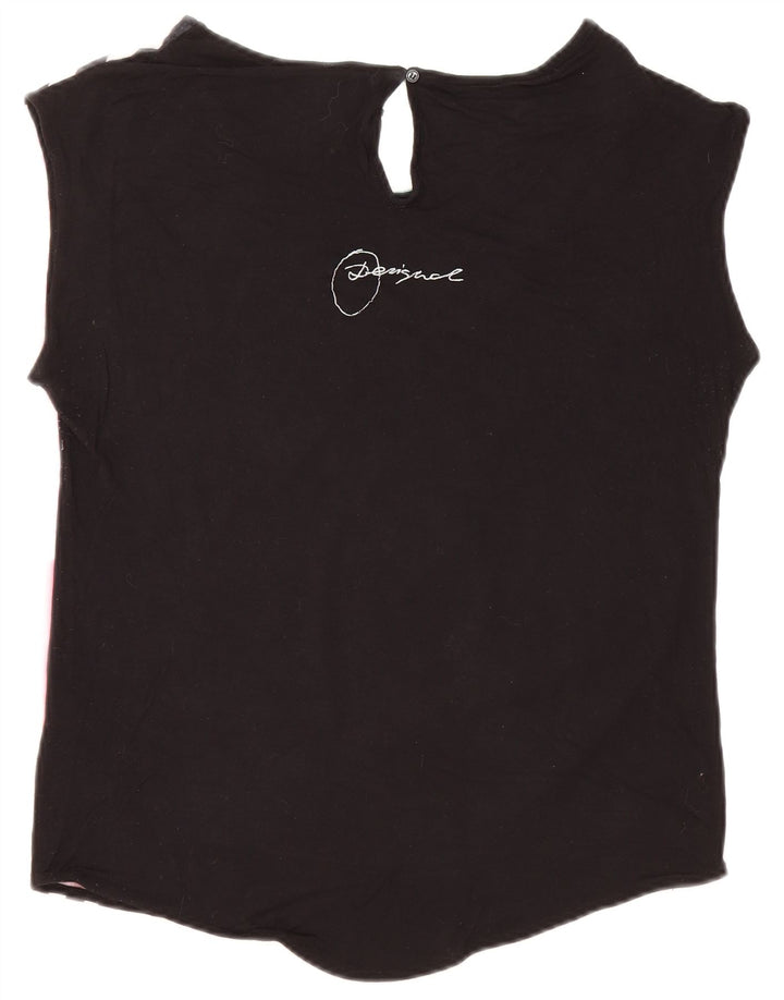 Desigual Camiseta Feminina Oversized Gráfica Top UK 10 Pequena Viscose Preta