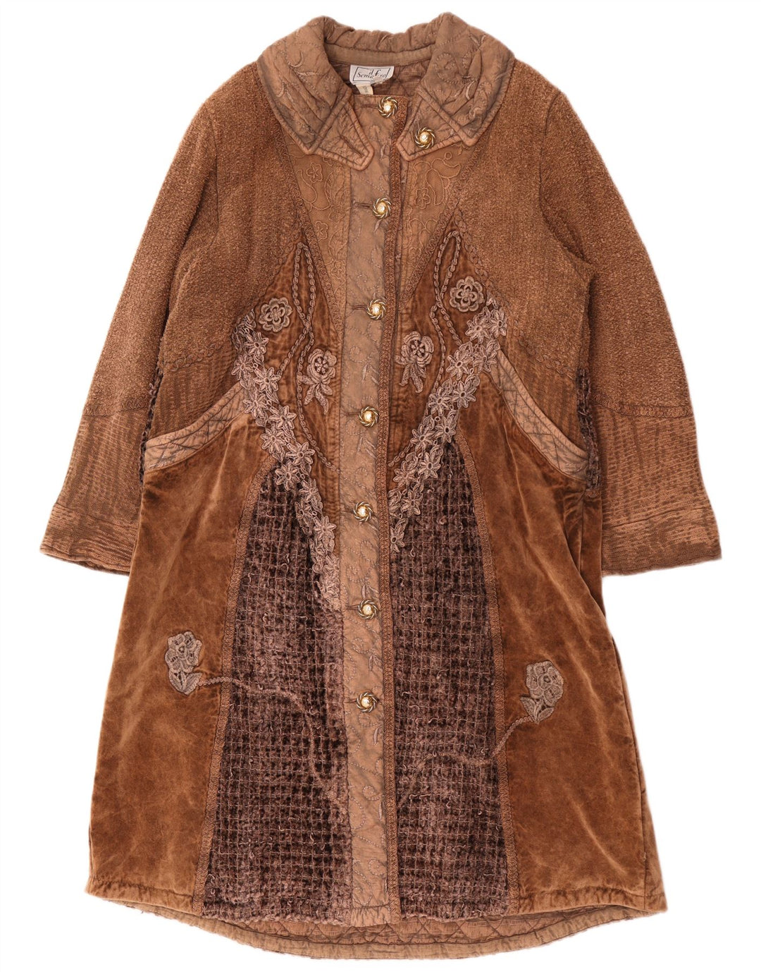 Sobretudo feminino UK 16 grande marrom patchwork algodão