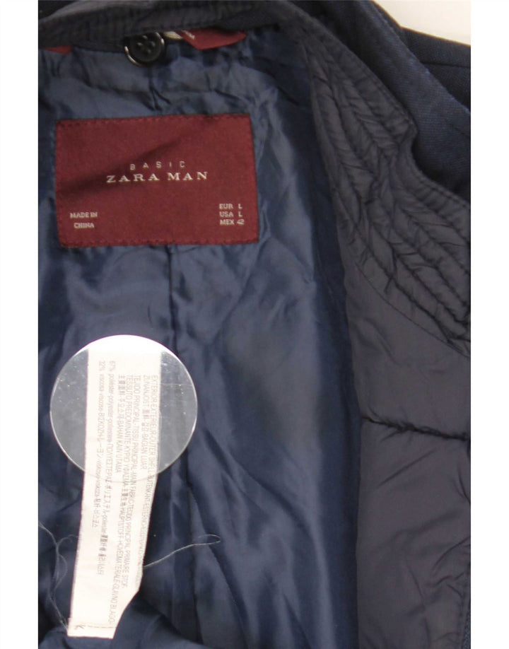 Jaqueta blazer masculina Zara com 4 botões Reino Unido 40 grande poliéster azul marinho