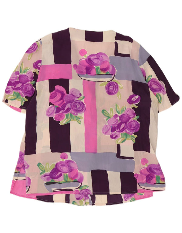 Blusa feminina vintage de manga curta UK 18 XL seda floral roxa