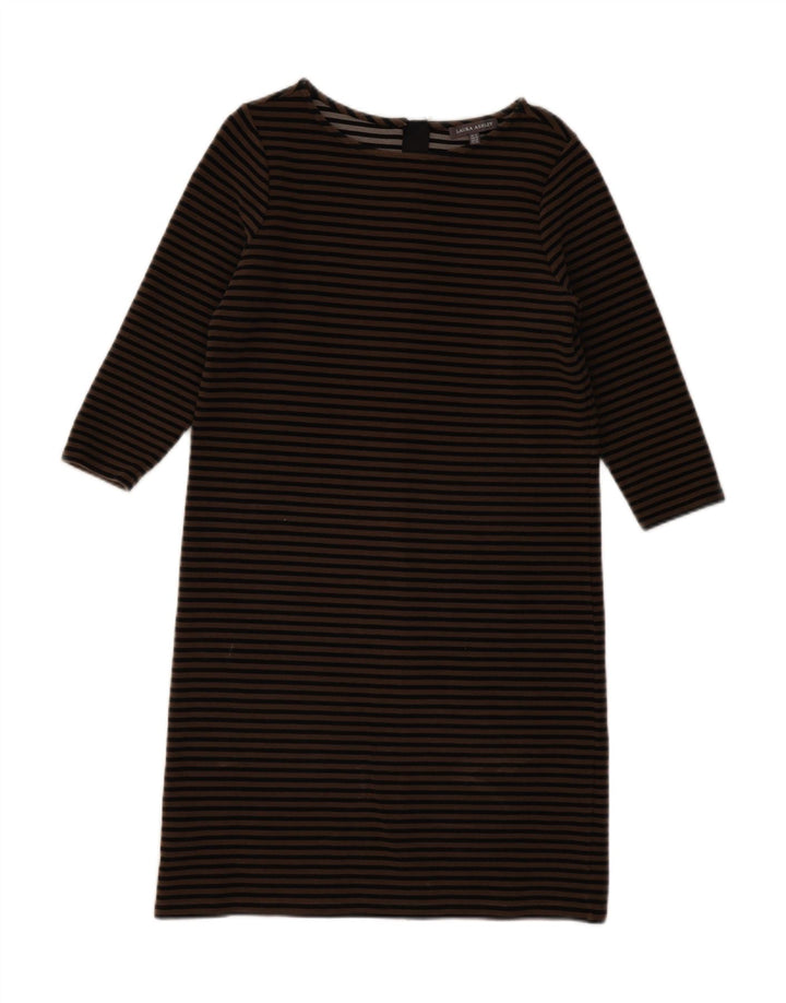 LAURA ASHLEY Vestido feminino manga 3/4, UK 12 listrado bege médio