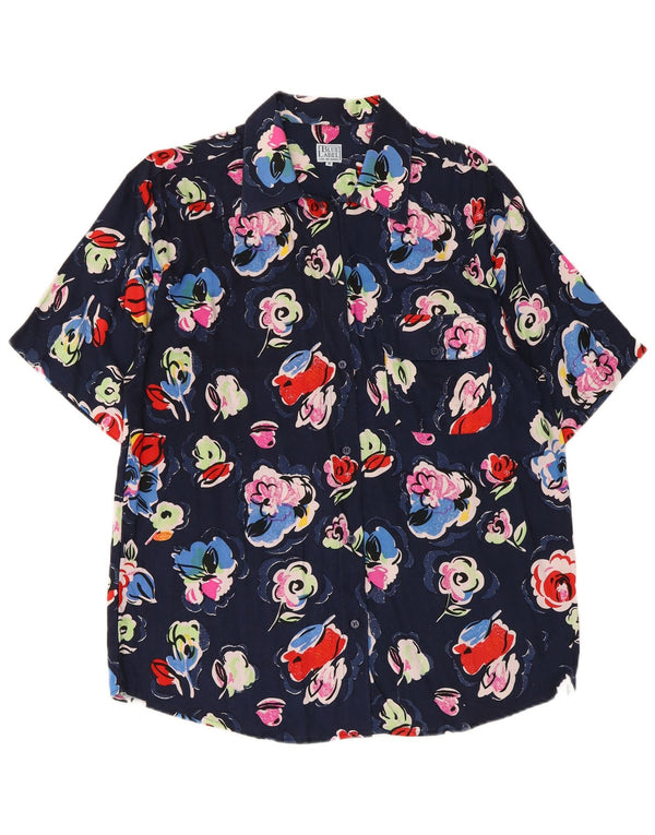 Camisa masculina vintage de manga curta média azul marinho floral viscose