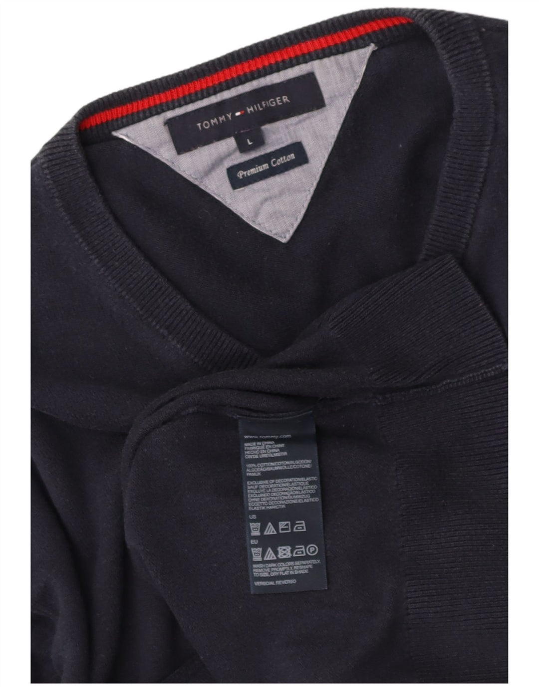 Suéter masculino TOMMY HILFIGER com decote em V grande algodão azul marinho