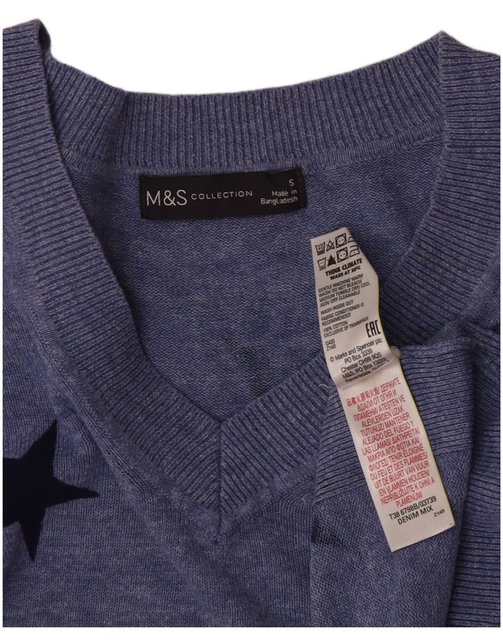 Suéter feminino Marks & Spencer gráfico com decote em V Reino Unido 10 pequeno azul