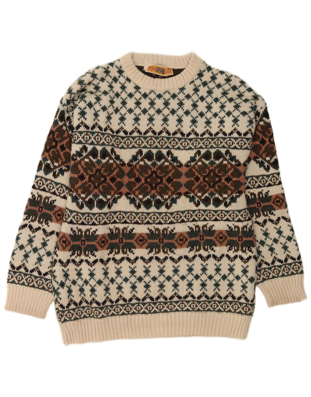 Suéter vintage masculino com gola redonda IT 50 médio branco lã Fair Isle