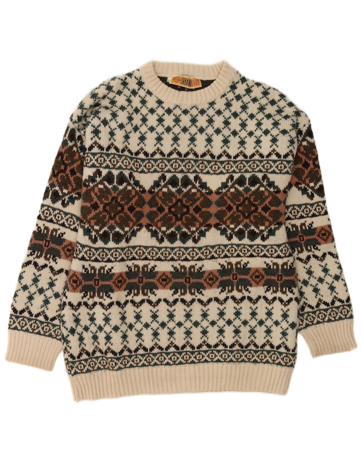 Suéter vintage masculino com gola redonda IT 50 médio branco lã Fair Isle