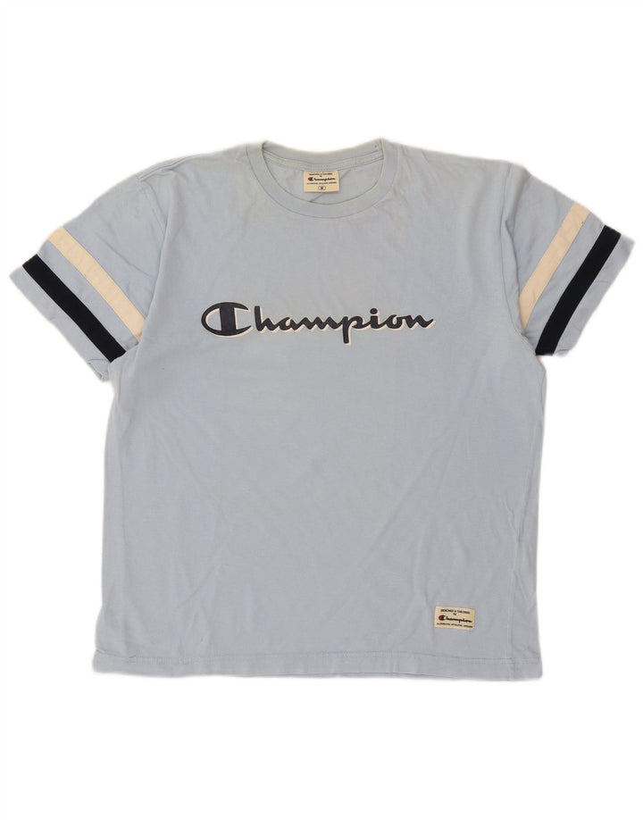 Camiseta masculina estampada Champion algodão listrado azul médio