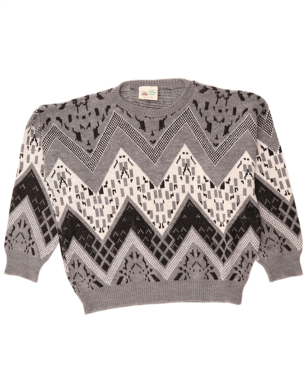 Suéter vintage masculino com pescoço de barco grande cinza Chevron acrílico