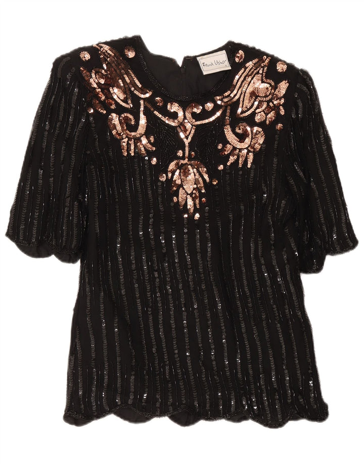 Blusa de noite feminina Frank Usher Top Reino Unido 10 pequena seda preta Paisley