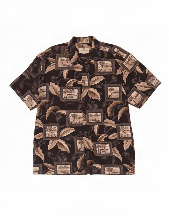 Camisa masculina de manga curta Island Shores, grande, marrom, patchwork, algodão